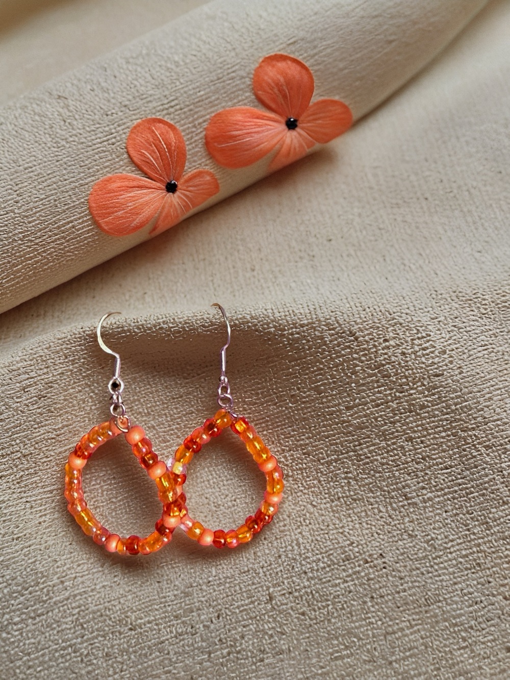 Hand Crafted Orange Beaded Hoop Earrings - Women Jewelry